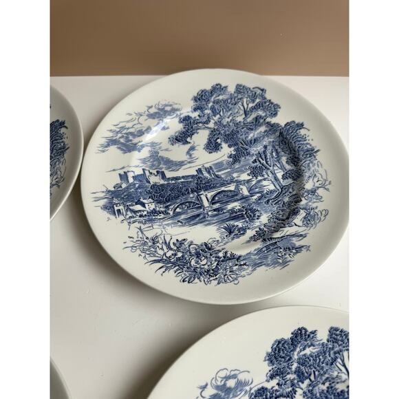 Vintage Wedgwood Dinner Plates Set of 4 Blue Transferware "Countryside" Pattern - Picture 6 of 15